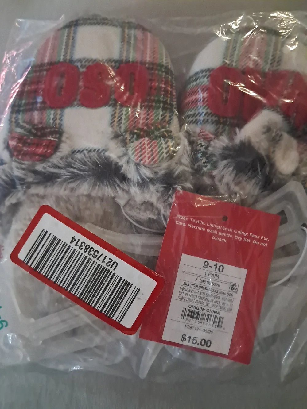 SO Plaid Fur-Trim Indoor Slippers with Red Embroidery
